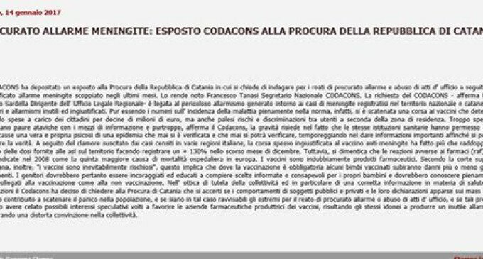 Meningite: Codacons procede con Esposto alla Procura della Repubblica di Catania
